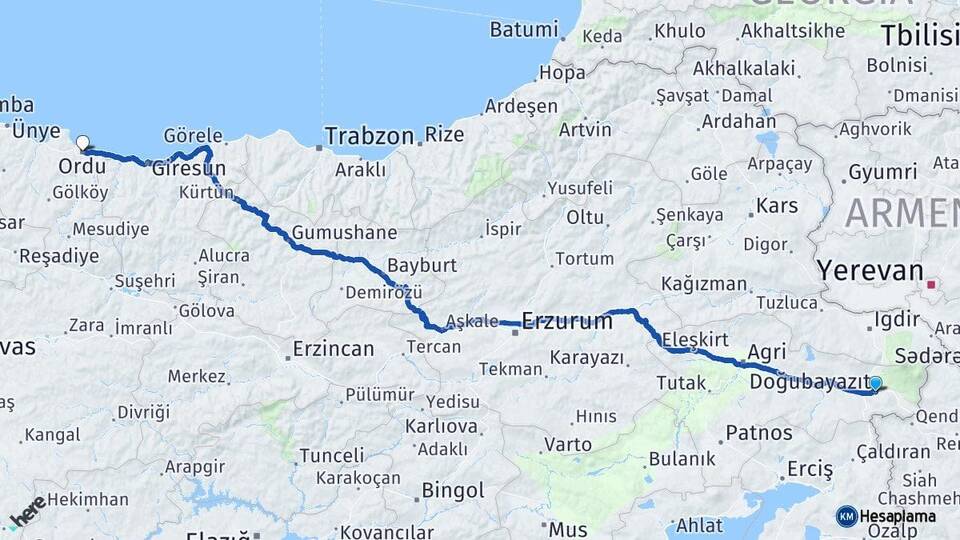 Ağrı Doğubayazıt Ordu Arası Kaç Km - Yol Haritası