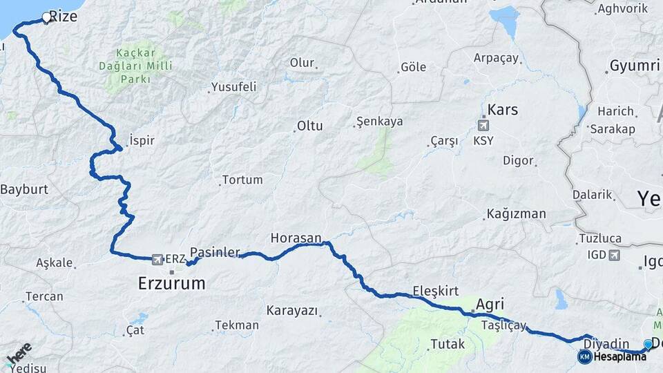 Ağrı Doğubayazıt Rize Arası Kaç Km - Yol Haritası