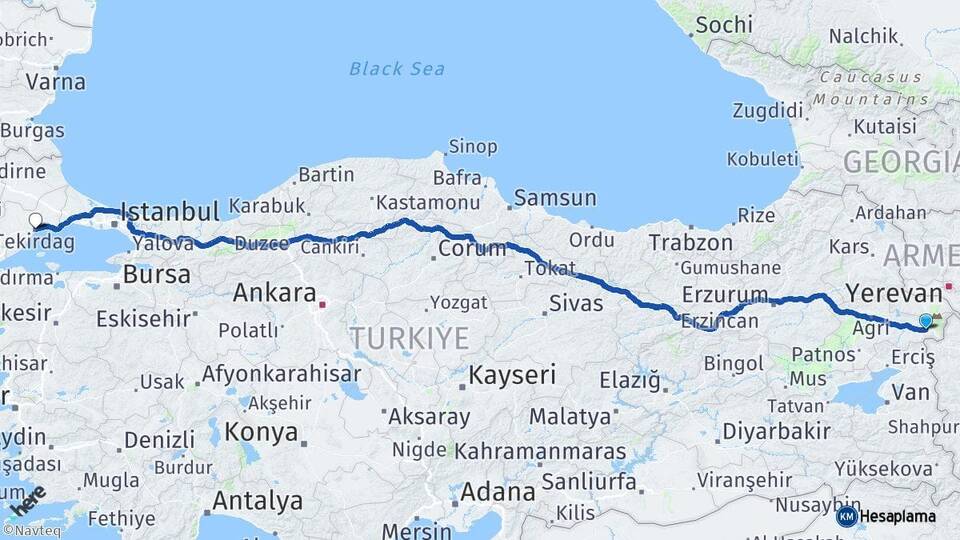 Ağrı Doğubayazıt Tekirdağ Arası Kaç Km - Yol Haritası