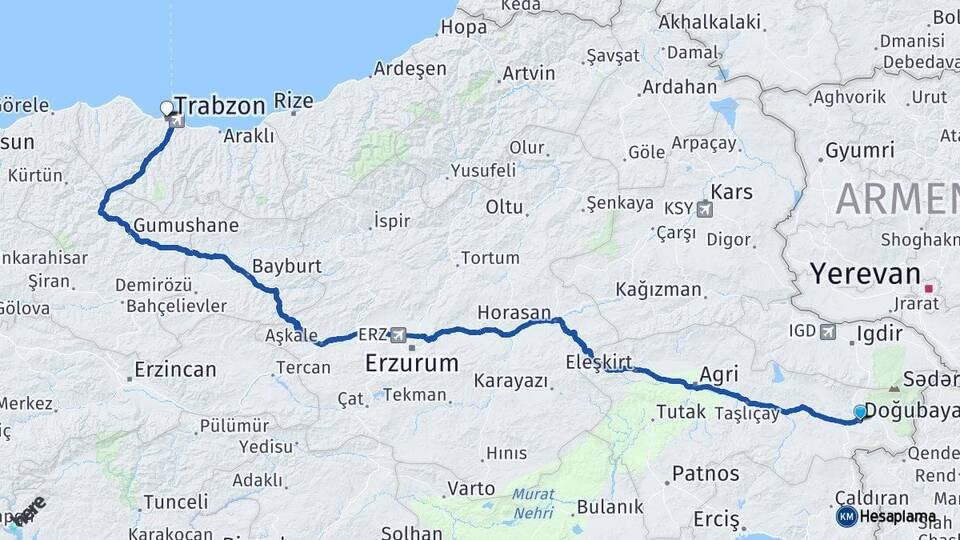 Ağrı Doğubayazıt Trabzon Arası Kaç Km - Yol Haritası