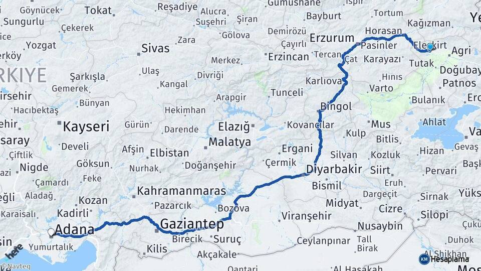 Ağrı Eleşkirt Adana Arası Kaç Km - Yol Haritası