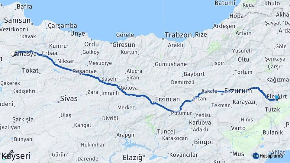 Ağrı Eleşkirt Amasya Arası Kaç Km - Yol Haritası