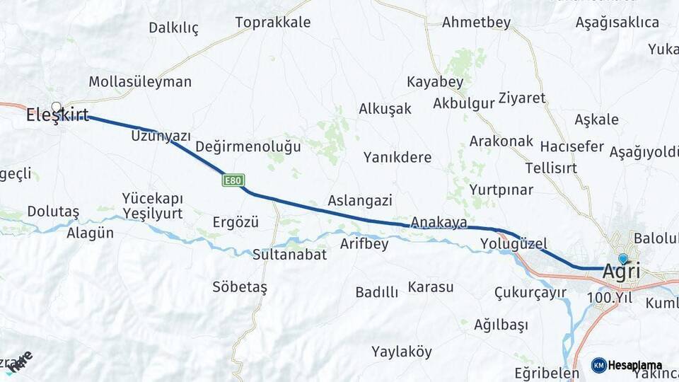 Ağrı Eleşkirt Arası Kaç Km - Yol Haritası
