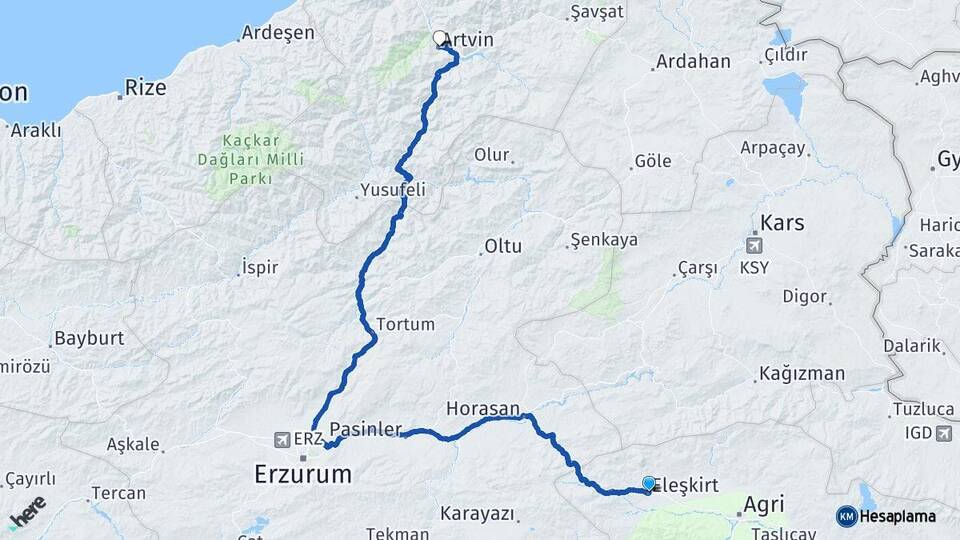 Ağrı Eleşkirt Artvin Arası Kaç Km - Yol Haritası
