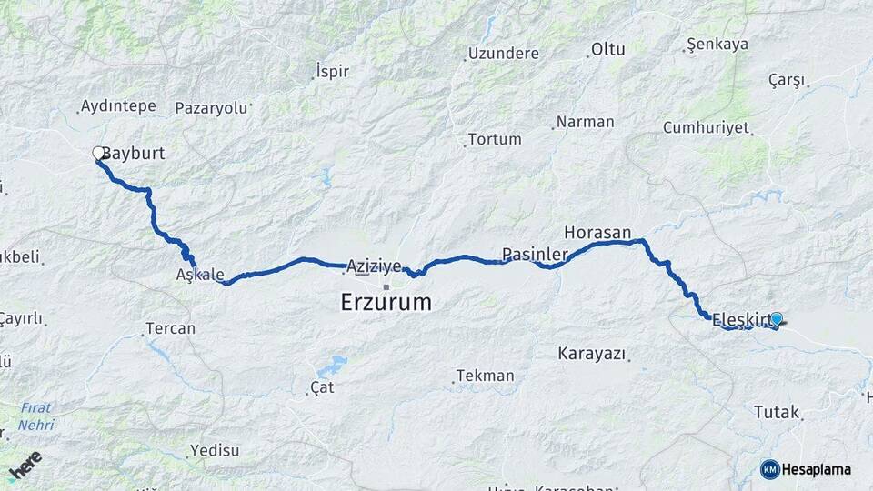 Ağrı Eleşkirt Bayburt Arası Kaç Km - Yol Haritası