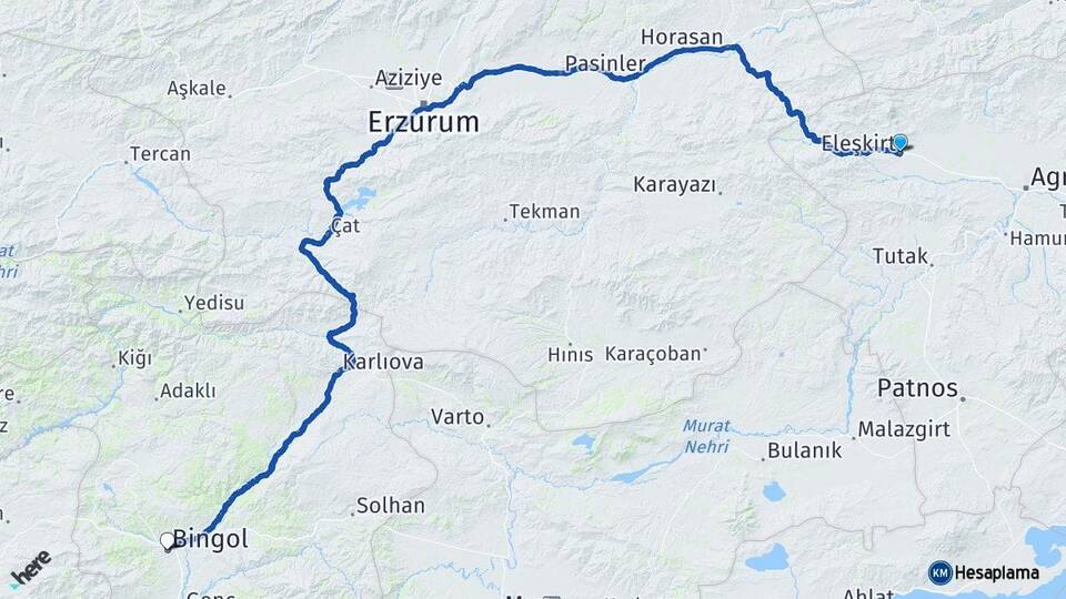 Ağrı Eleşkirt Bingöl Arası Kaç Km - Yol Haritası