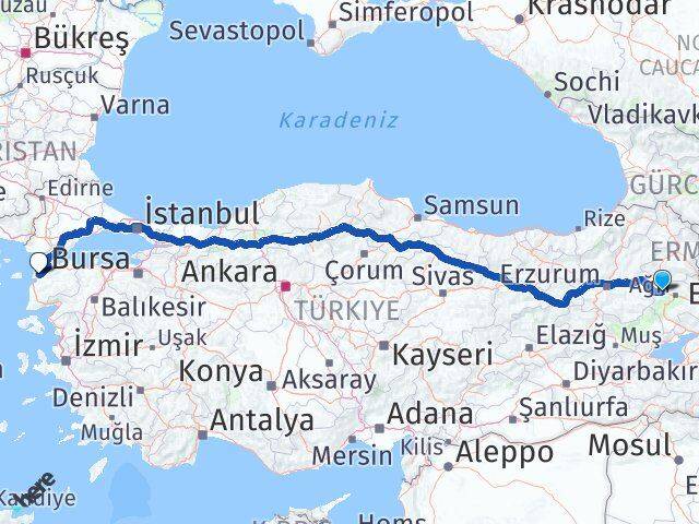 Ağrı Eleşkirt Çanakkale Arası Kaç Km - Yol Haritası