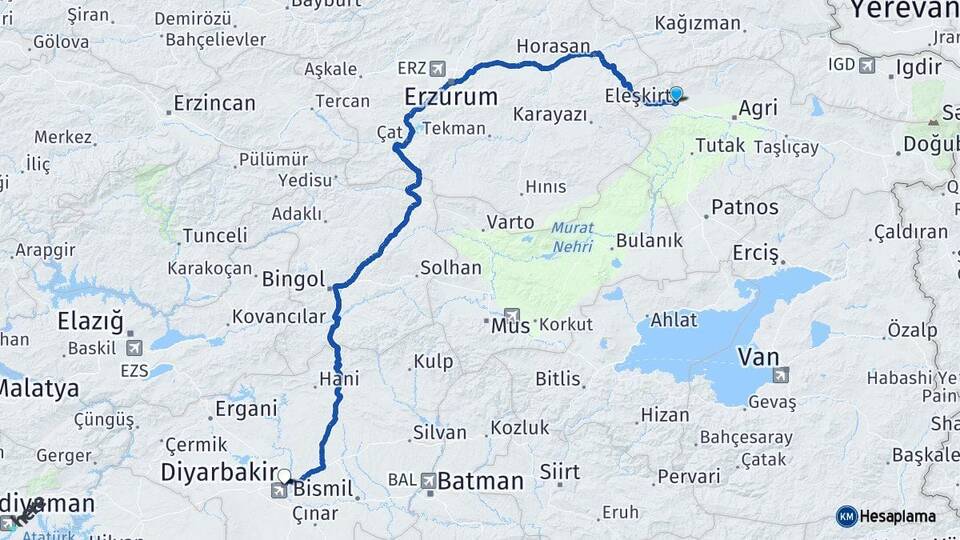 Ağrı Eleşkirt Diyarbakır Arası Kaç Km - Yol Haritası