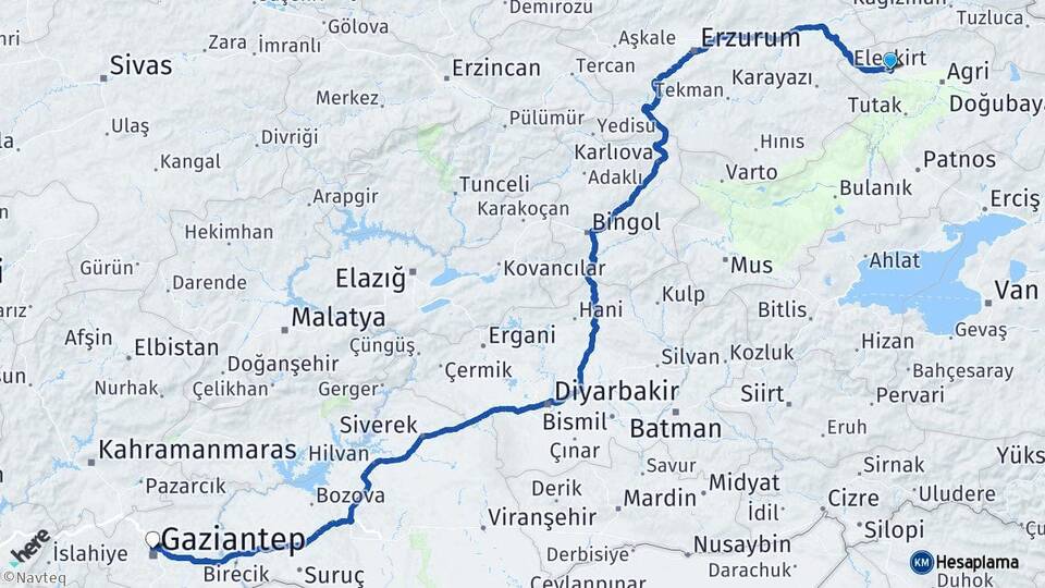 Ağrı Eleşkirt Gaziantep Arası Kaç Km - Yol Haritası