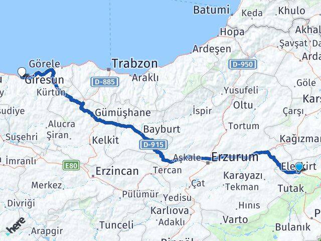 Ağrı Eleşkirt Giresun Arası Kaç Km - Yol Haritası