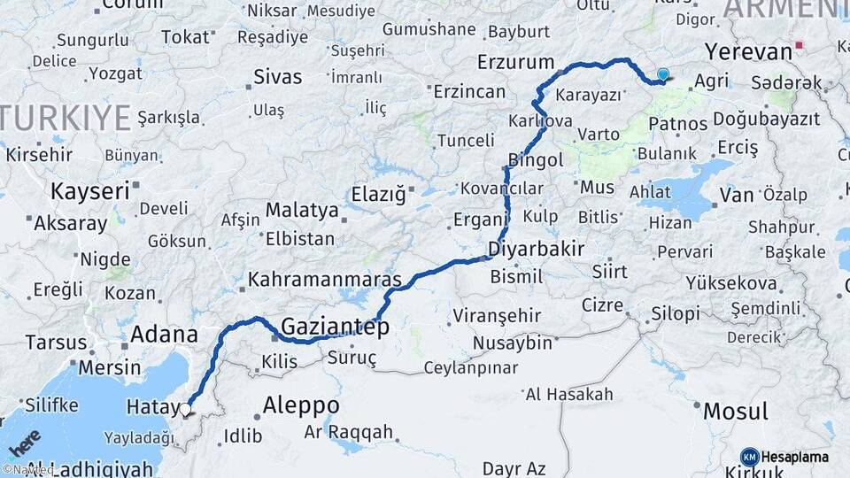 Ağrı Eleşkirt Hatay Arası Kaç Km - Yol Haritası