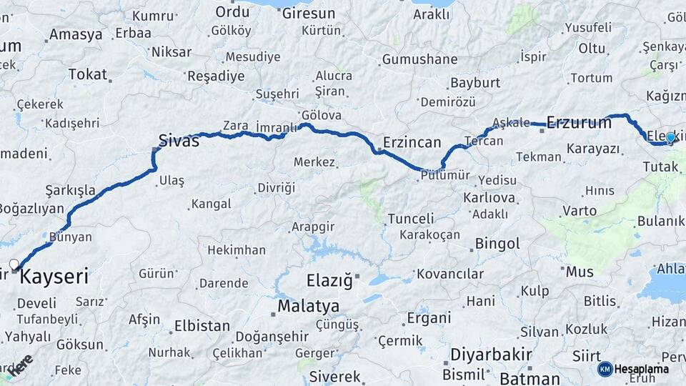 Ağrı Eleşkirt Kayseri Arası Kaç Km - Yol Haritası