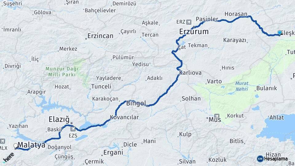 Ağrı Eleşkirt Malatya Arası Kaç Km - Yol Haritası