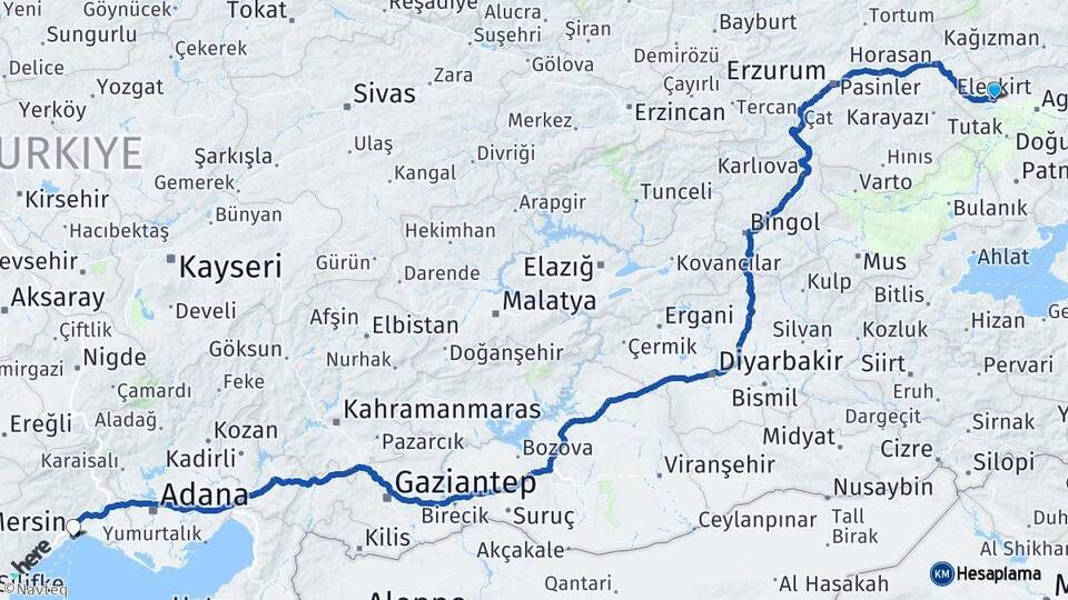 Ağrı Eleşkirt Mersin Arası Kaç Km - Yol Haritası