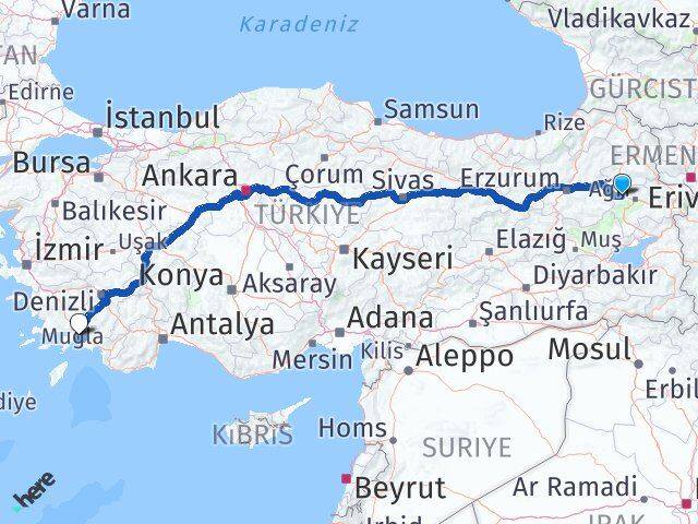 Ağrı Eleşkirt Muğla Arası Kaç Km - Yol Haritası