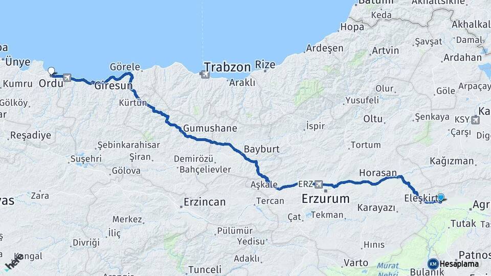 Ağrı Eleşkirt Ordu Arası Kaç Km - Yol Haritası