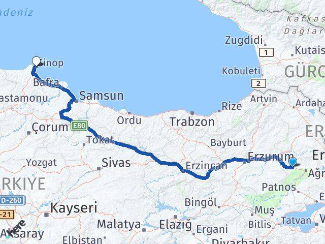 Ağrı Eleşkirt Sinop Arası Kaç Km - Yol Haritası