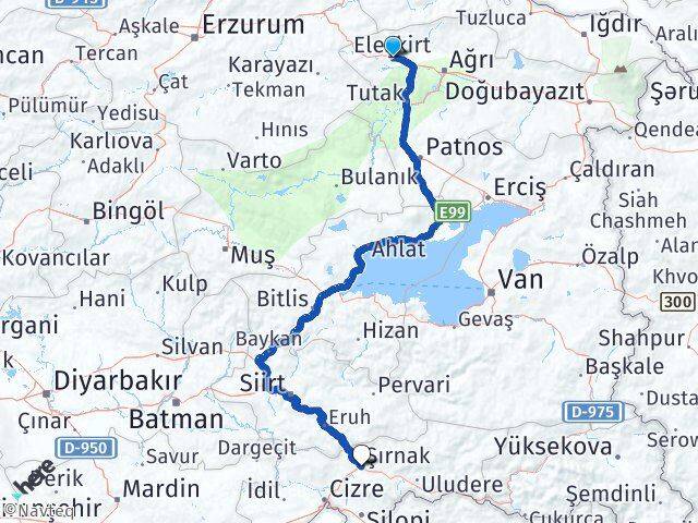 Ağrı Eleşkirt Şırnak Arası Kaç Km - Yol Haritası
