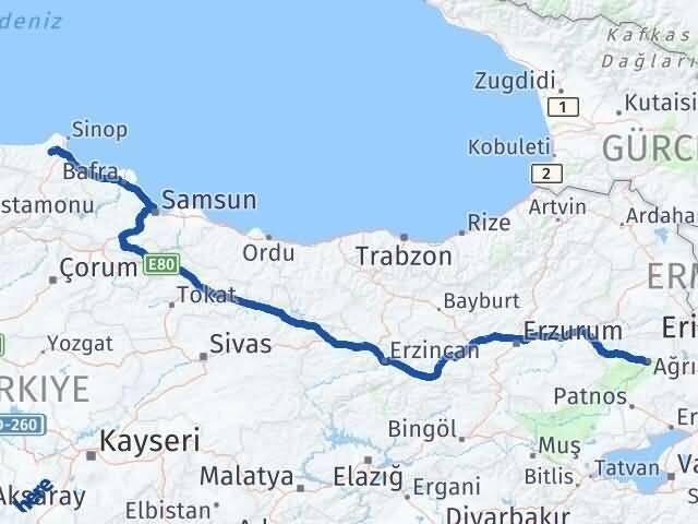 Ağrı Erfelek Sinop Arası Kaç Km - Yol Haritası