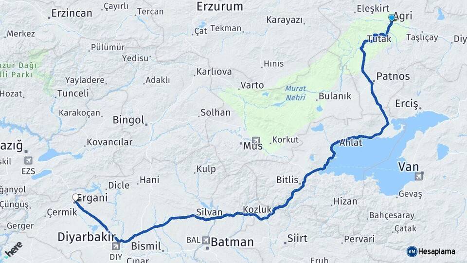Ağrı Ergani Diyarbakır Arası Kaç Km - Yol Haritası