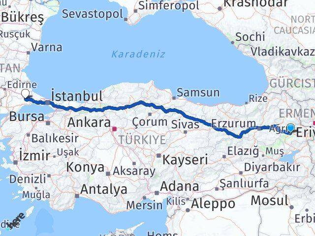 Ağrı Ergene Tekirdağ Arası Kaç Km - Yol Haritası