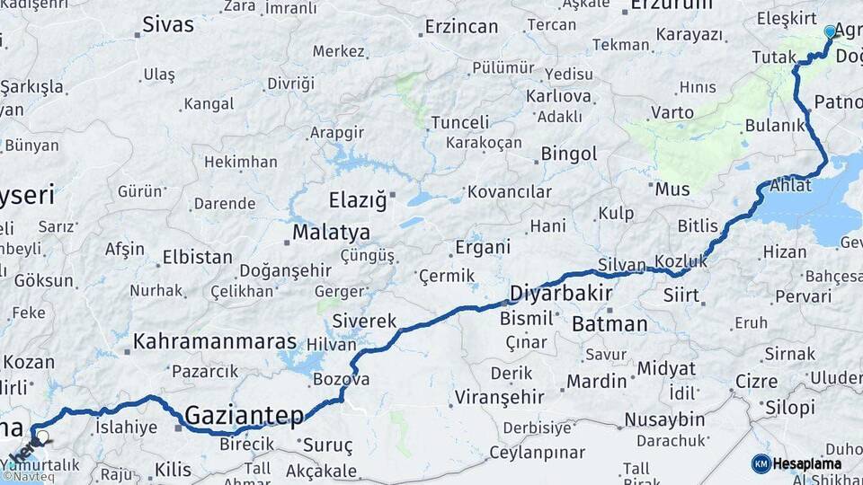 Ağrı Erzin Hatay Arası Kaç Km - Yol Haritası