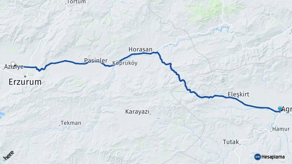 Ağrı Erzurum Havalimanı Arası Kaç Km - Yol Haritası