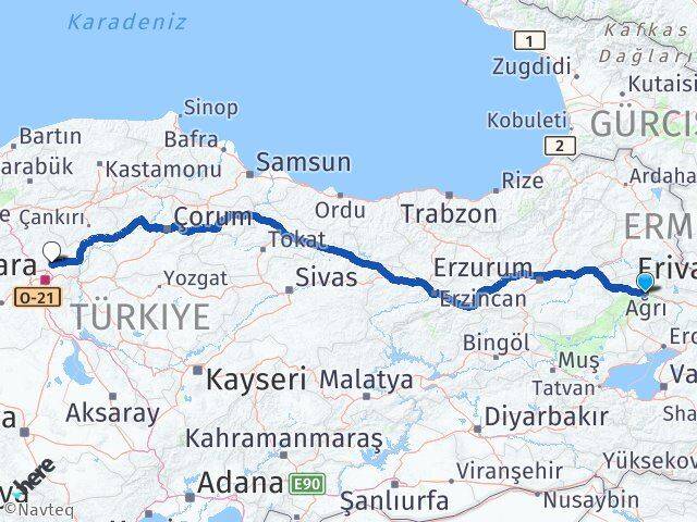 Ağrı Esenboğa Havalimanı Arası Kaç Km - Yol Haritası