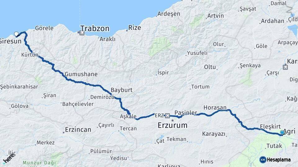 Ağrı Espiye Giresun Arası Kaç Km - Yol Haritası