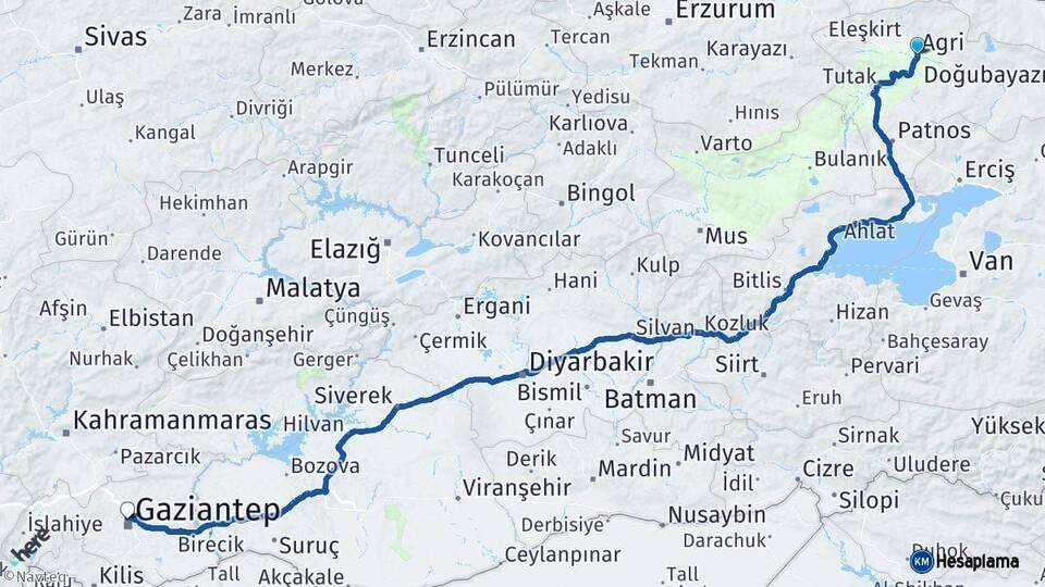 Ağrı Gaziantep Arası Kaç Km - Yol Haritası