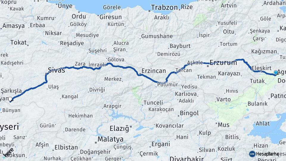 Ağrı Gemerek Sivas Arası Kaç Km - Yol Haritası