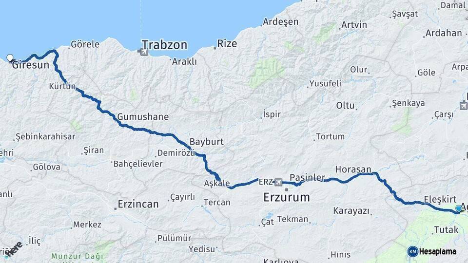 Ağrı Giresun Arası Kaç Km - Yol Haritası