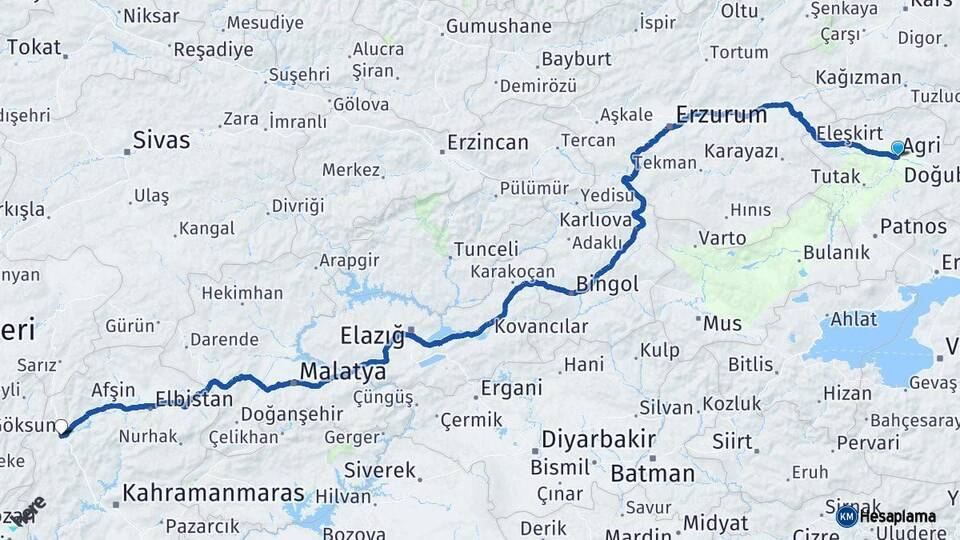 Ağrı Göksun Kahramanmaraş Arası Kaç Km - Yol Haritası