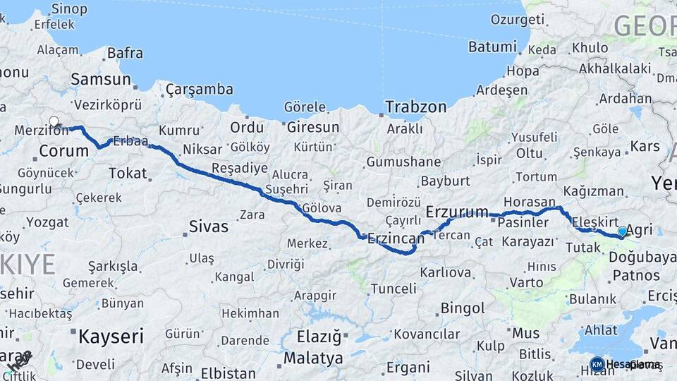 Ağrı Gümüşhacıköy Amasya Arası Kaç Km - Yol Haritası