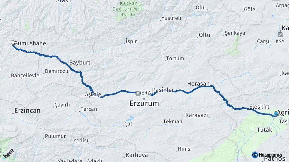 Ağrı Gümüşhane Arası Kaç Km - Yol Haritası