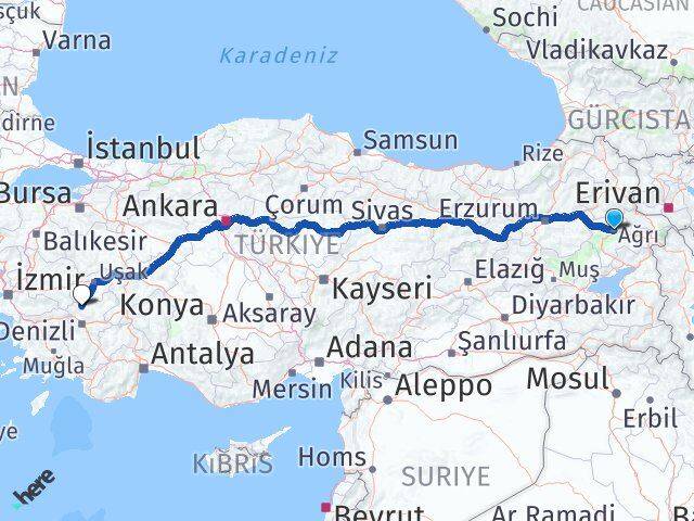 Ağrı Güney Denizli Arası Kaç Km - Yol Haritası