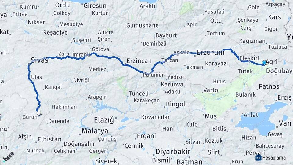 Ağrı Gürün Sivas Arası Kaç Km - Yol Haritası