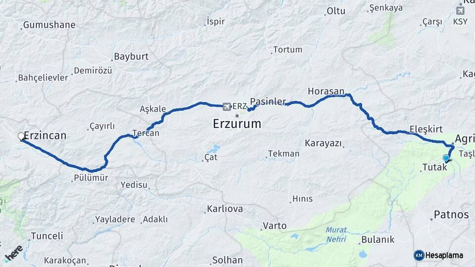 Ağrı Hamur Erzincan Arası Kaç Km - Yol Haritası