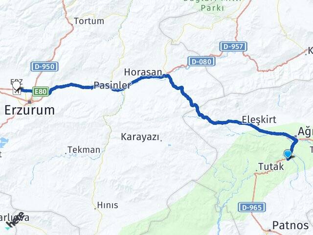 Ağrı Hamur Erzurum Havalimanı Arası Kaç Km - Yol Haritası