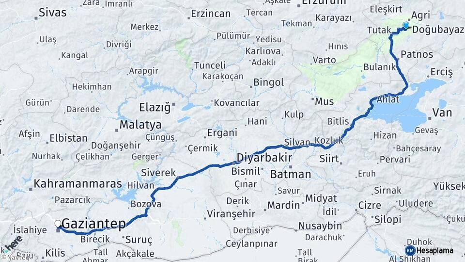 Ağrı Hamur Gaziantep Arası Kaç Km - Yol Haritası