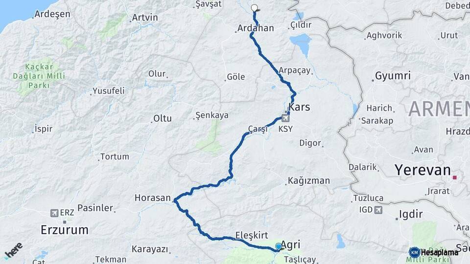 Ağrı Hanak Ardahan Arası Kaç Km - Yol Haritası