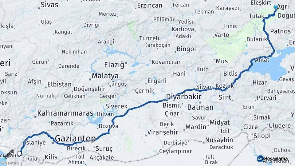 Ağrı Hassa Hatay Arası Kaç Km - Yol Haritası