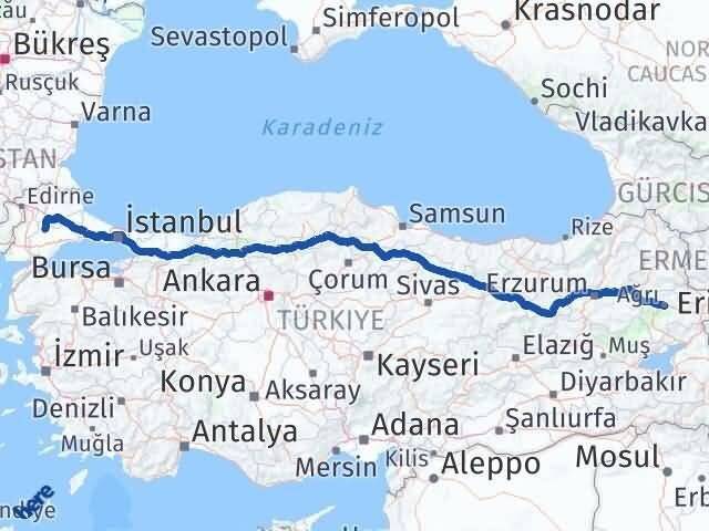 Ağrı Hayrabolu Tekirdağ Arası Kaç Km - Yol Haritası
