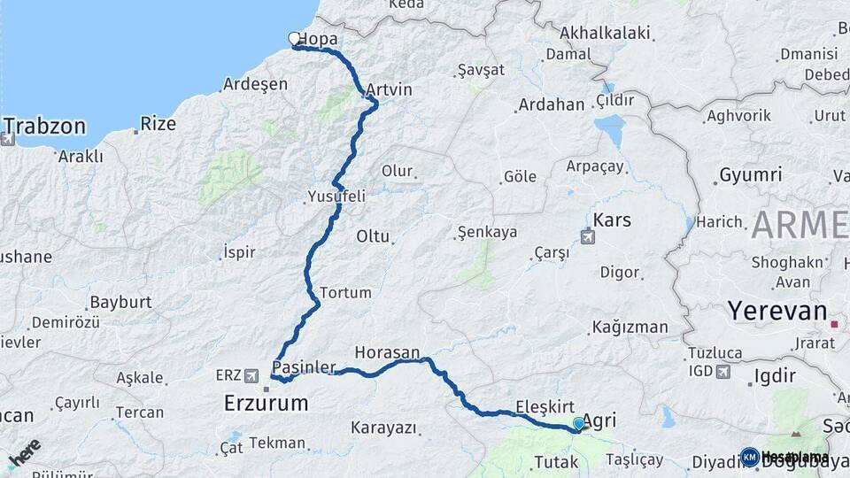 Ağrı Hopa Artvin Arası Kaç Km - Yol Haritası