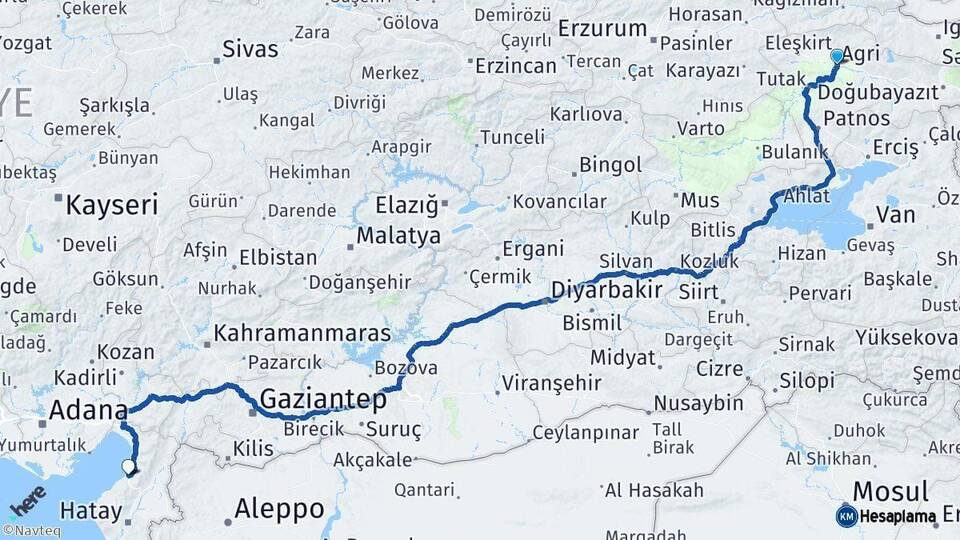 Ağrı İskenderun Hatay Arası Kaç Km - Yol Haritası