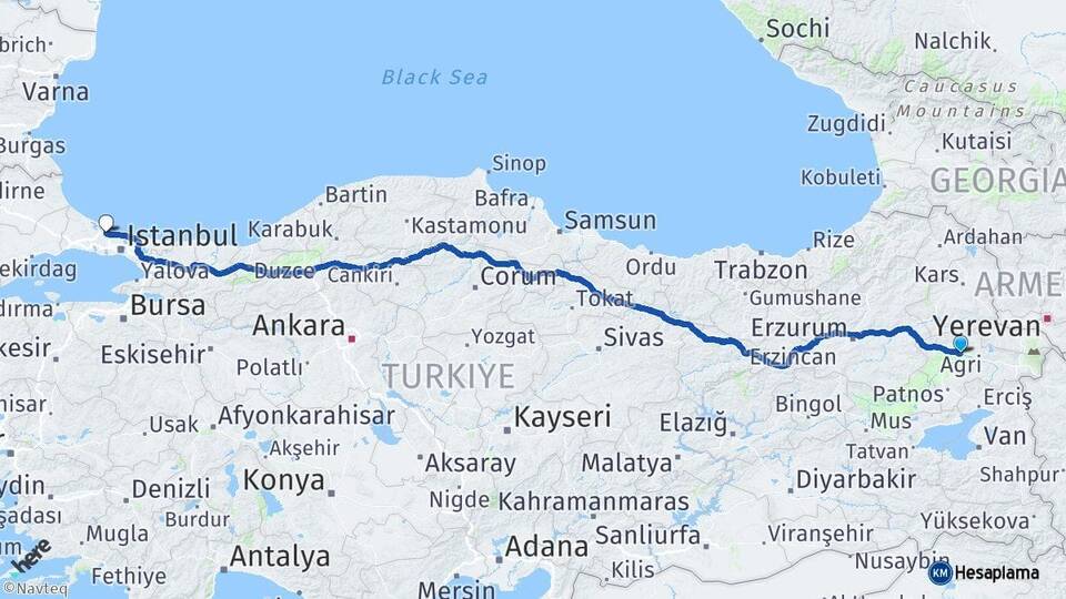 Ağrı İstanbul Havalimanı Arası Kaç Km - Yol Haritası