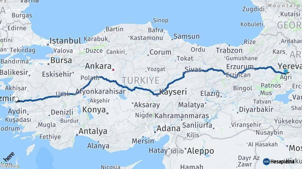 Ağrı İzmir Arası Kaç Km - Yol Haritası