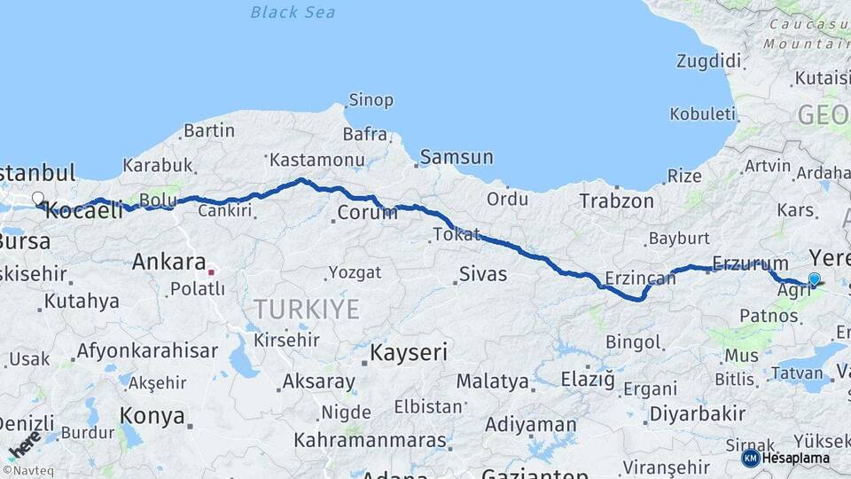 Ağrı İzmit Kocaeli Arası Kaç Km - Yol Haritası