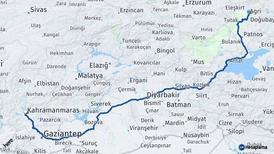 Ağrı Kahramanmaraş Arası Kaç Km - Yol Haritası