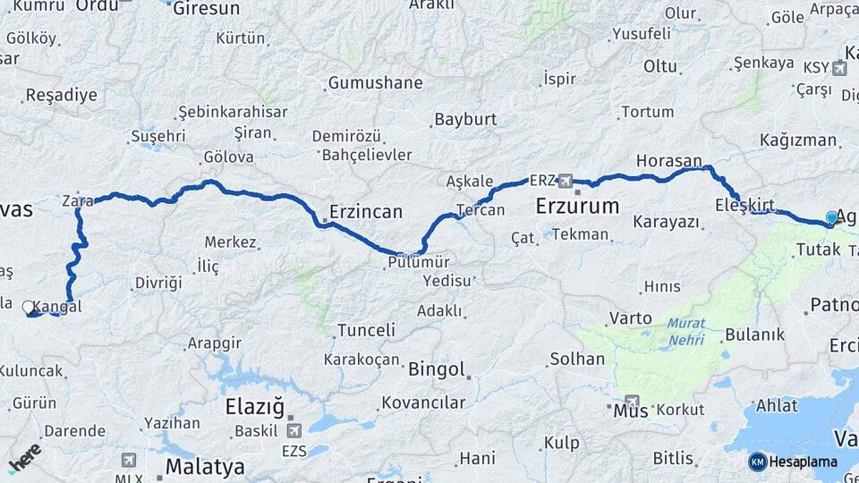 Ağrı Kangal Sivas Arası Kaç Km - Yol Haritası